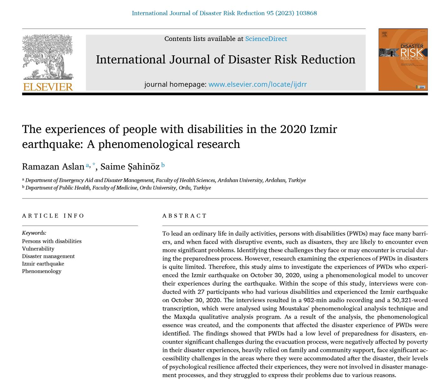 Un articolo turco: "The experiences of people with disabilities in the 2020 Izmir earthquake: A phenomenological research"