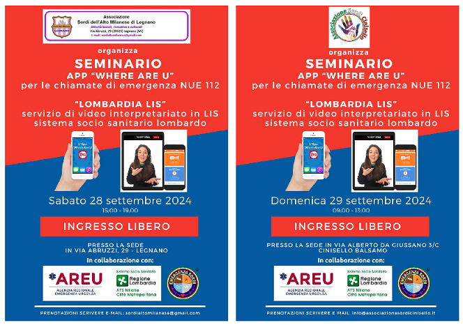 Due seminari "App 112 Where Are U" e servizio "LombardiaLIS" in Lombardia il 28 e 29 settembre